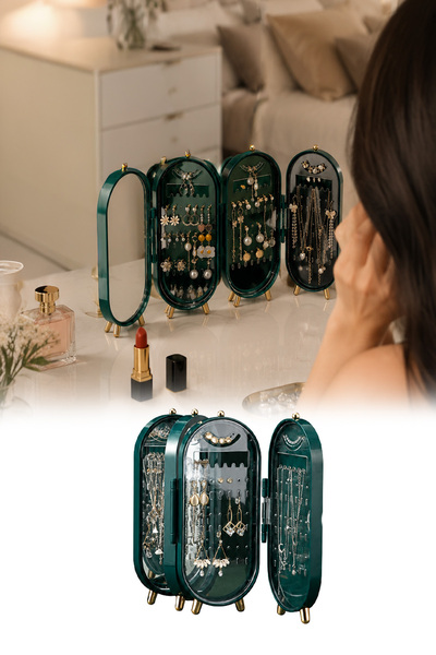 omilife 4 Compartment Mirrored Jewelry Organizer Ring Earring Necklace Organi...