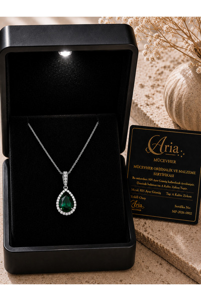 eva'sjewellery diamond Zümrüt Kolye 925 Ayar Gümüş Damla Kesim, 18 Ayar Gerçe...