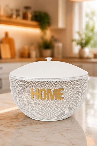 VENON Home Yazılı ❤️BEYAZ❤️Riyad Kapaklı Metal Meyve Sebzelik Sepeti Gold Dek...