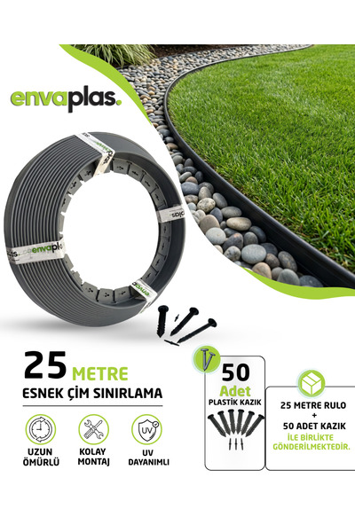 EnvaPlas Profesyonel Bahçe Ekipmanları Pratik Garden Çim Ayırıcı 25 M Antrasi...