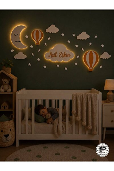 Windly Concept Kişiye Özel LED Işıklı Bulut İsimlik Ay Balon Bebek Odası Duva...