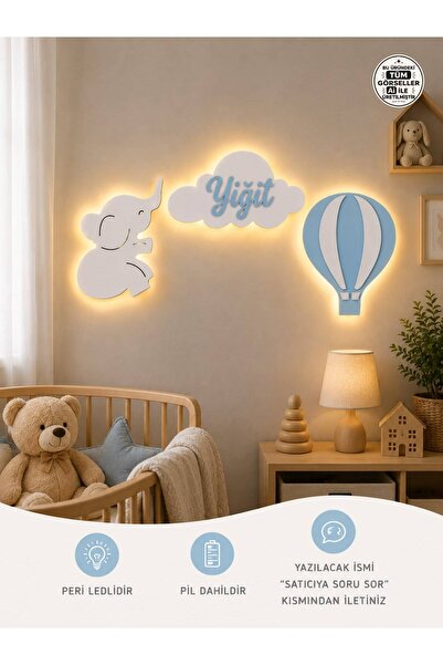 Windly Concept Kişiye Özel Bebek Odası İsimlik LED Işıklı Fil Balon Bulut Kap...