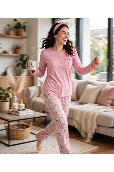 ALİMER Pink Women's Pajama Set 3D Butterfly Patterned Short Sleeve Lycra Viscose