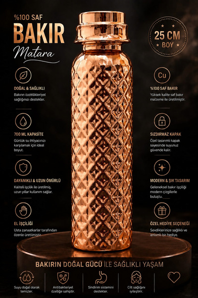 gulflower nude %100 Bakır El Yapımı Su Matarasi 700 ml Sağlık Için Çok Faydal...