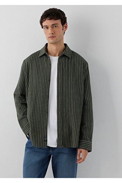 Mavi Çizgili Yeşil Gömlek Loose Fit / Bol Rahat Kesim 0211969-A7375