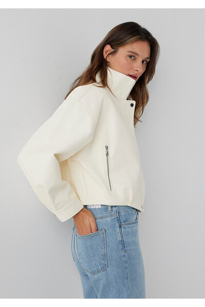 Mavi Ekru Biker Ceket Oversize / Geniş Kesim 1110865-80194
