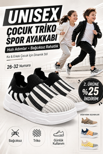 Ayakkabı Deryası Unisex Çocuk Bağcıksız Triko Çorap Spor Ayakkabı Günlük Snea...
