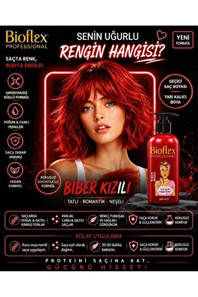 Bioflex Amonyaksız Biber Kızılı Renkli Saç Boyası 250 ml Kokusuz Su Bazlı Geç...