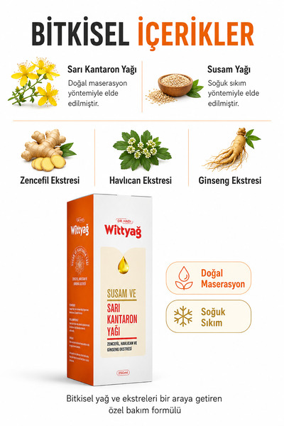 DR HADI Wittyağ 250ml Bitkisel Masaj Yağı | Sarı Kantaron / Ginseng & Zencefil Ekstreli