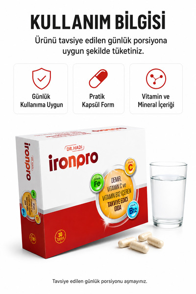 DR HADI Ironpro 30 Kapsül Demir C Vitamini B12 Vitamini İçeren Takviye Edici Gıda