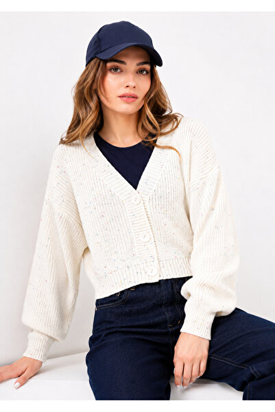 FLEX FASHION Kadın TREND crop POPÜLER ÖRGÜLÜ KISA triko Hırka EKRU