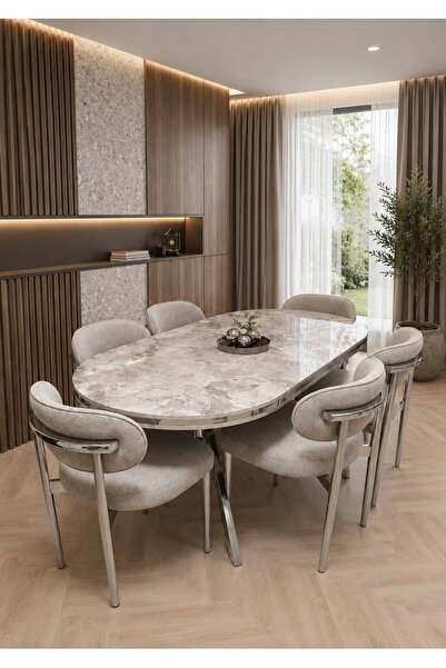 TOCE HOME LOFT Serisi 6 Kişilik Yemek Odası Takımı - Mermer Desenli Metal Ayaklı