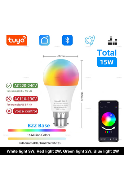 Choice Yes AC 220-240V B22 Base Total 15W Tuya Bluetooth LED Bulb Lamps Dimma...
