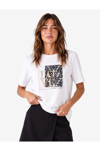 Koton Regular Fit Crew Neck Short Sleeve Glittery Stone Printed T-Shirt