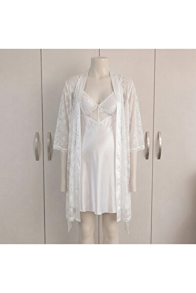 Lady Lingerie طقم قميص نوم نسائي من الدانتيل مكون من قطعتين - فستان ساتان مع ...