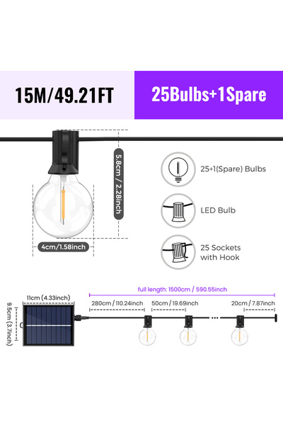 Choice 15.5m 26bulbs Solar String Lights Outdoor G40 Patio Lights with LED Sh...