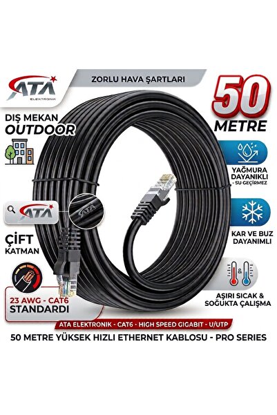 ATA ELEKTRONİK 50 METRE Dış mekan Outdoor Cat6 Çift Katman Internet Kablosu D...