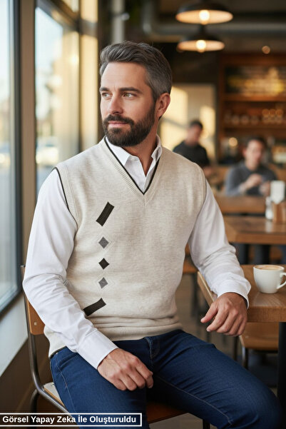 Kamalı Cream Men's Steel Knit Winter Thick Knitwear V-Neck Knitwear Knit Non-...