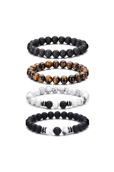 Choice1 Four piece set 4PCS Set 8mm Men's Tiger Eye Volcanic and White Turquo...