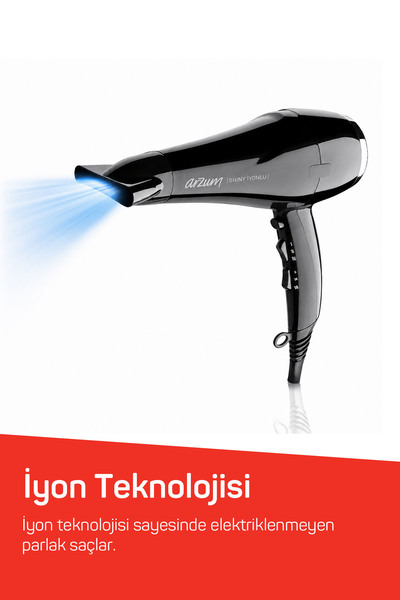 Arzum AR5007 Shiny İyonlu Saç Kurutma Makinesi, Difüzörlü Başlıklı, 2200W, Siyah