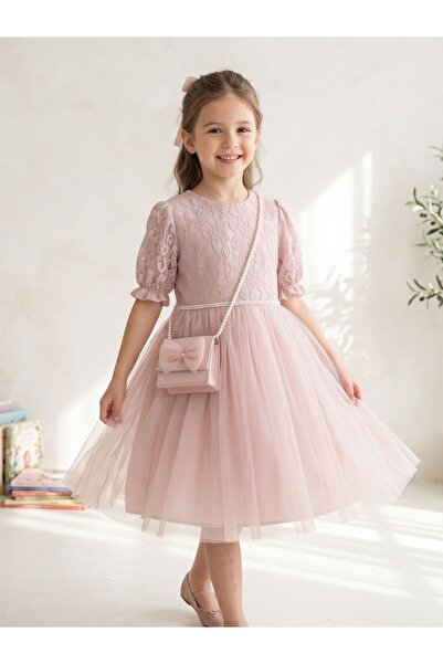 Cherrys Bebek Girl's Lace and Tulle Premium Evening Dress (with Bag)