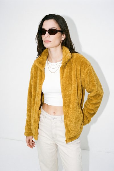 Purpleclo Cardigan de pluș Teddy cu fermoar supradimensionat pentru femei