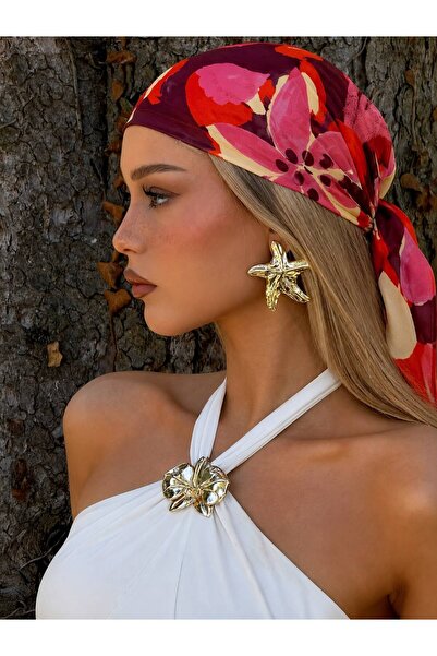 Axesoire 15317 Çiçek Desenli Kırmızı Saten Bandana Fular 50x50 cm