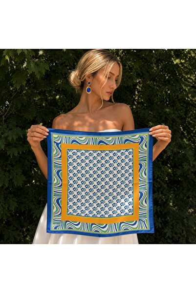 Axesoire 13944 Geometrik Desenli Kiremit Saten Bandana Fular 50x50 cm
