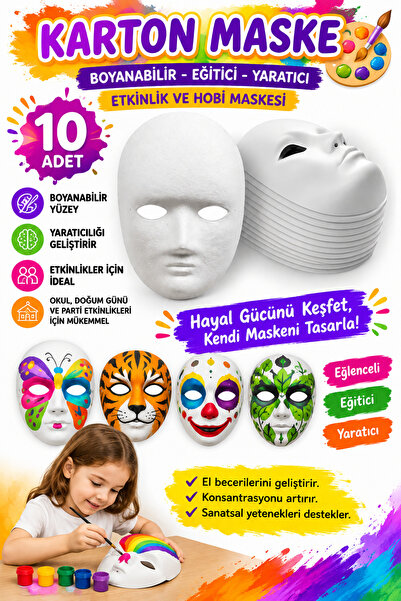 Hobialem 10 Adet, Karton Maske, Boyanabilir Eğitici Maske Boyama, Etkinlik Ve...