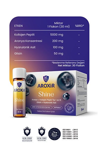 Aroxir Shine Cilt Sağlığına Destek Collogen I-III, Aronya, Hyaluronik Asit ve Glisin 30x30 ml