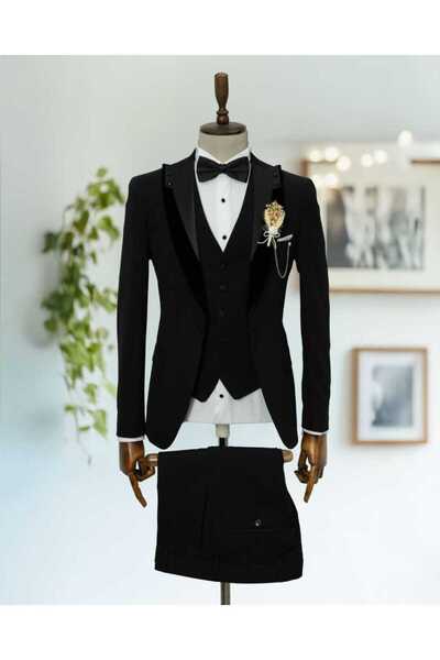 Beystil Sivri Yaka Siyah Yelekli Damatlık & Smokin Takım -Slim Fit