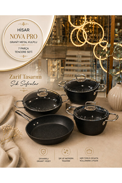 ŞİRİN VALENT HOME Hi̇sar Nova Pro Granite 7 Piece Cookware Set with Metal Han...