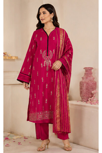 6TEEN Elegant Magenta Embroidered 3-Piece Suit with Printed Dupatta