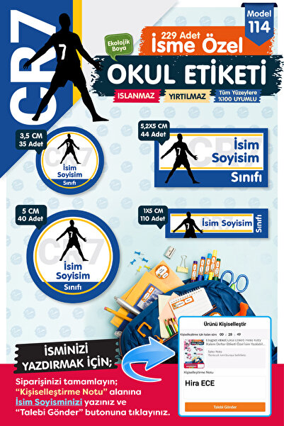 t tuğset etiket Okul Etiketi Ronaldo  Temalı Kalem Defter Etiketi Özel İsim Y...