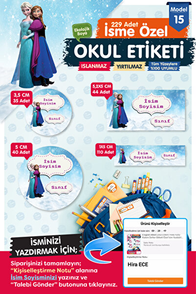 t tuğset etiket Okul Etiketi Elsa Anna Kalem Defter Etiketi Özel İsim Yazılab...
