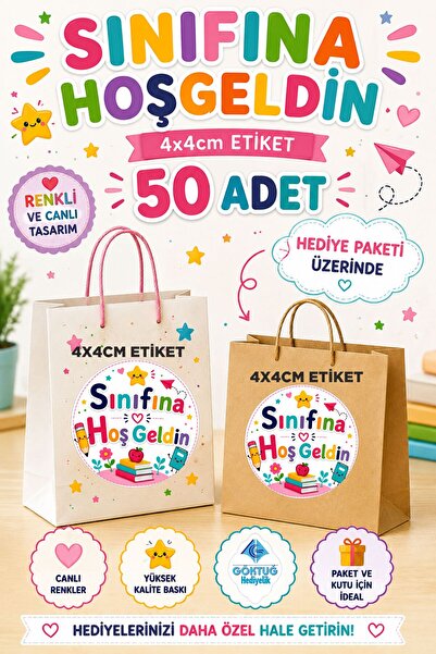 Göktuğ Hediyelik Sınıfına Hoş Geldin Etiketi 4x4 cm Yuvarlak Etiket– 50 Adet ...
