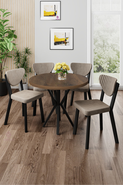Canisa Agnes Serisi 90x90 Yuvarlak Barok Ahşap Desen Masa Takımı ve 4 Cappuci...