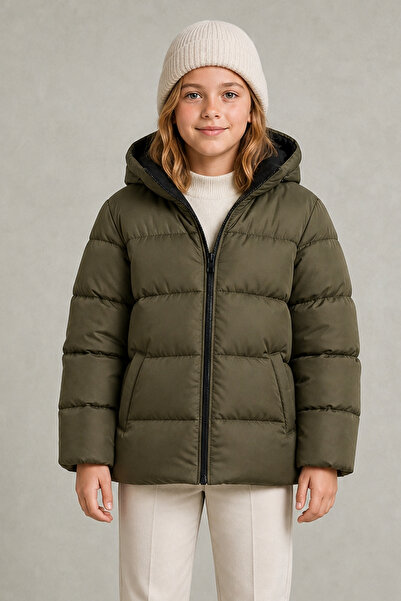 Montland Girl's Khaki Fleece Hooded Waterproof Wind Resistant Pocket Inflatab...