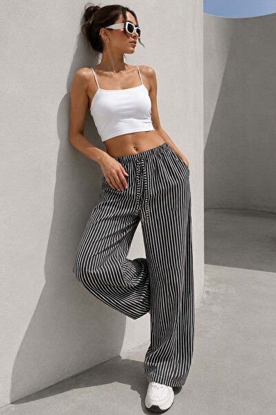 Madmext Black Adjustable Waist Striped Pocket Wide Leg Women's Trousers Mg2312