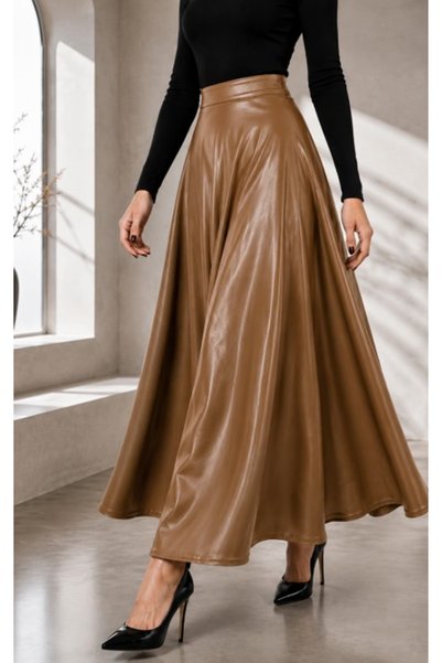 Generic Brand Mevlana Model Leather Skirt Taba