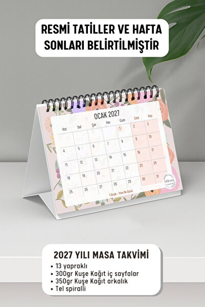 Eldesen Tasarım 2027 Masa Takvimi Spiralli A6 (15x12cm) Orta Boy / Resmi Tatiller ve Hafta Sonları 1 Yıllık