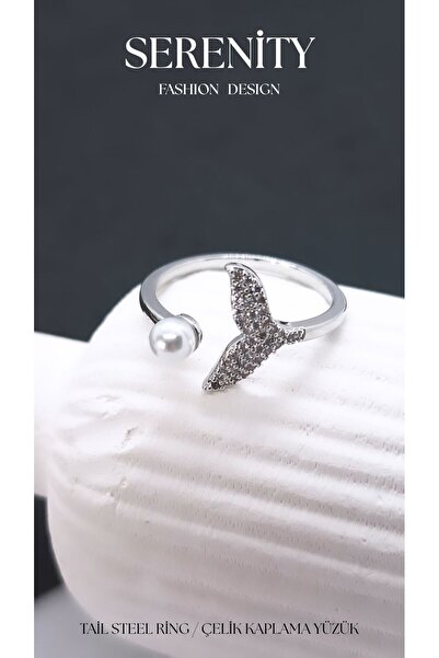 Serenity Pearl Steel Plated Ring with Fish Tail Figure