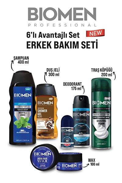 Biomen Erkek Bakım Seti-Damat Çeyiz Seti (Şampuan, Wax, Deodorant, Tıraş Köpü...