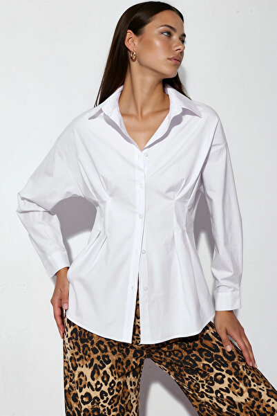 Merterium Women's Waist-Slit Poplin Shirt 1504 - White