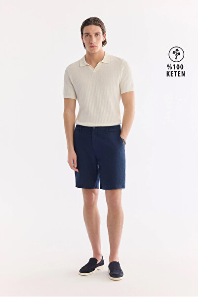 Avva Men's Navy Blue Elastic Waist 100% Linen Relaxed Fit Shorts B003732