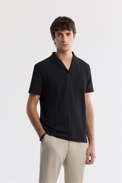 Avva Erkek Siyah Şal Yaka Viskon Karışımlı Jakarlı Regular Fit T-Shirt A51Y1071