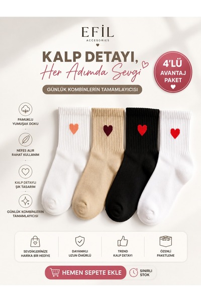 EFİLACCESSORİES 4-Piece Women's Socks with a Heart on the Wrist