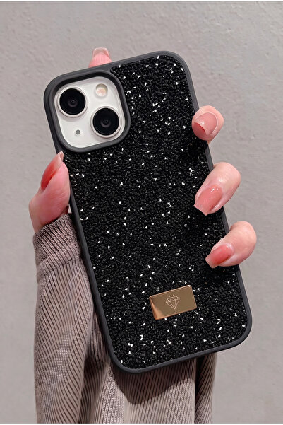 KVK PRİVACY iPhone 13 / 14 / 15 Uyumlu – Elmas Tasarımlı, Siyah Taşlı, Işıltı...