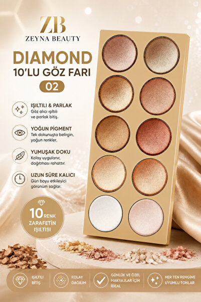 Diamond 10'lu Göz Farı Paleti 02 – Işıltılı ve Yoğun Pigmentli 10 Renk