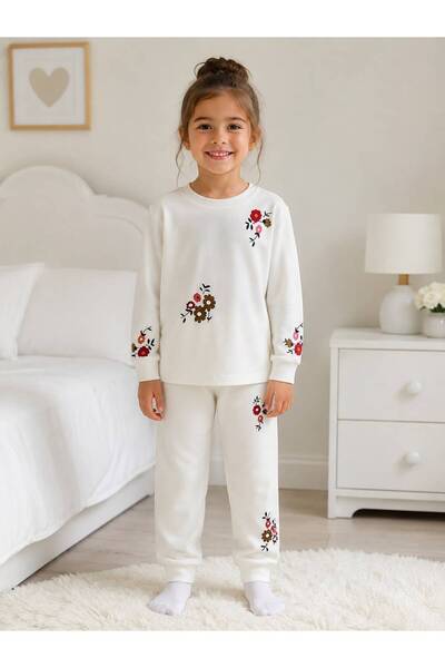 Fil Kids Girl's 100% Cotton White Floral Print Long Sleeve Winter Pajamas Set